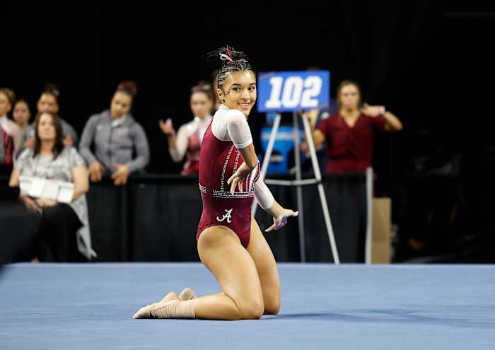 Alabama gymnast Luisa Blanco performs floor exercise during the 2023 NCAA women's gymnastics regional at Lloyd Noble Center.